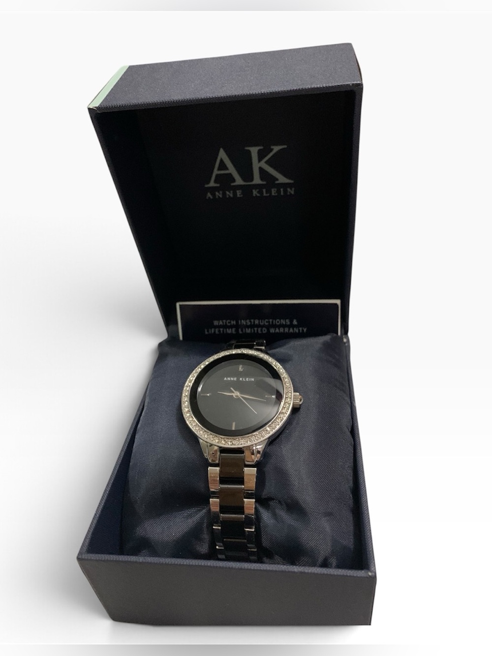 Anne Klein Crystal-Accent Black and Silver-Tone Ceramic Bracelet Womenβs Watch
